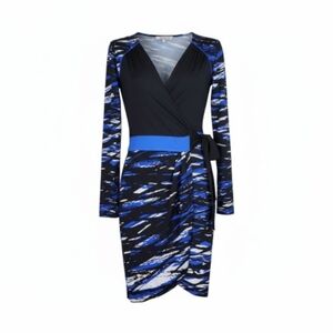 BCBGMaxAzria Faux Wrap Dress S Small Black Blue White V Neck Attached Belt New